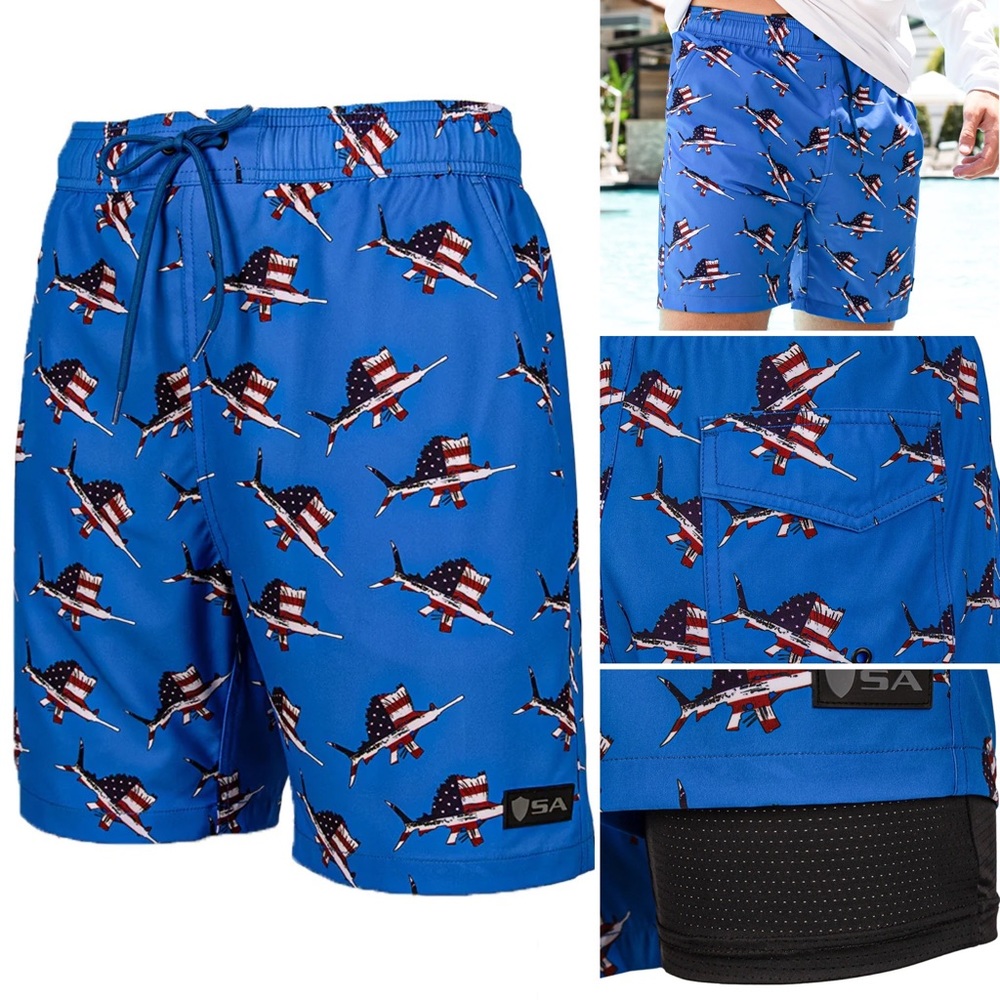 American Flag Swordfish Swim Trunks / Shorts by SA Company SA Co. NWT